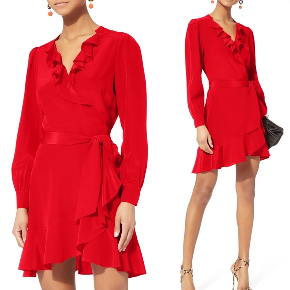Intermix Dress Aviana Silk Wrap Ruffle Long Sleeve Red Dress - Picture 2 of 13
